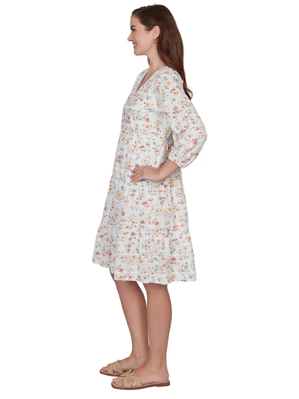 Ruby Rd. Floral Boho Tiered V'neck Mini Peasant Dress - Picture 3 of 9